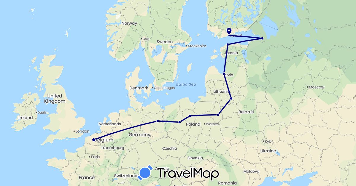 TravelMap itinerary: driving in Germany, Estonia, Finland, France, Lithuania, Latvia, Poland, Russia (Europe)
